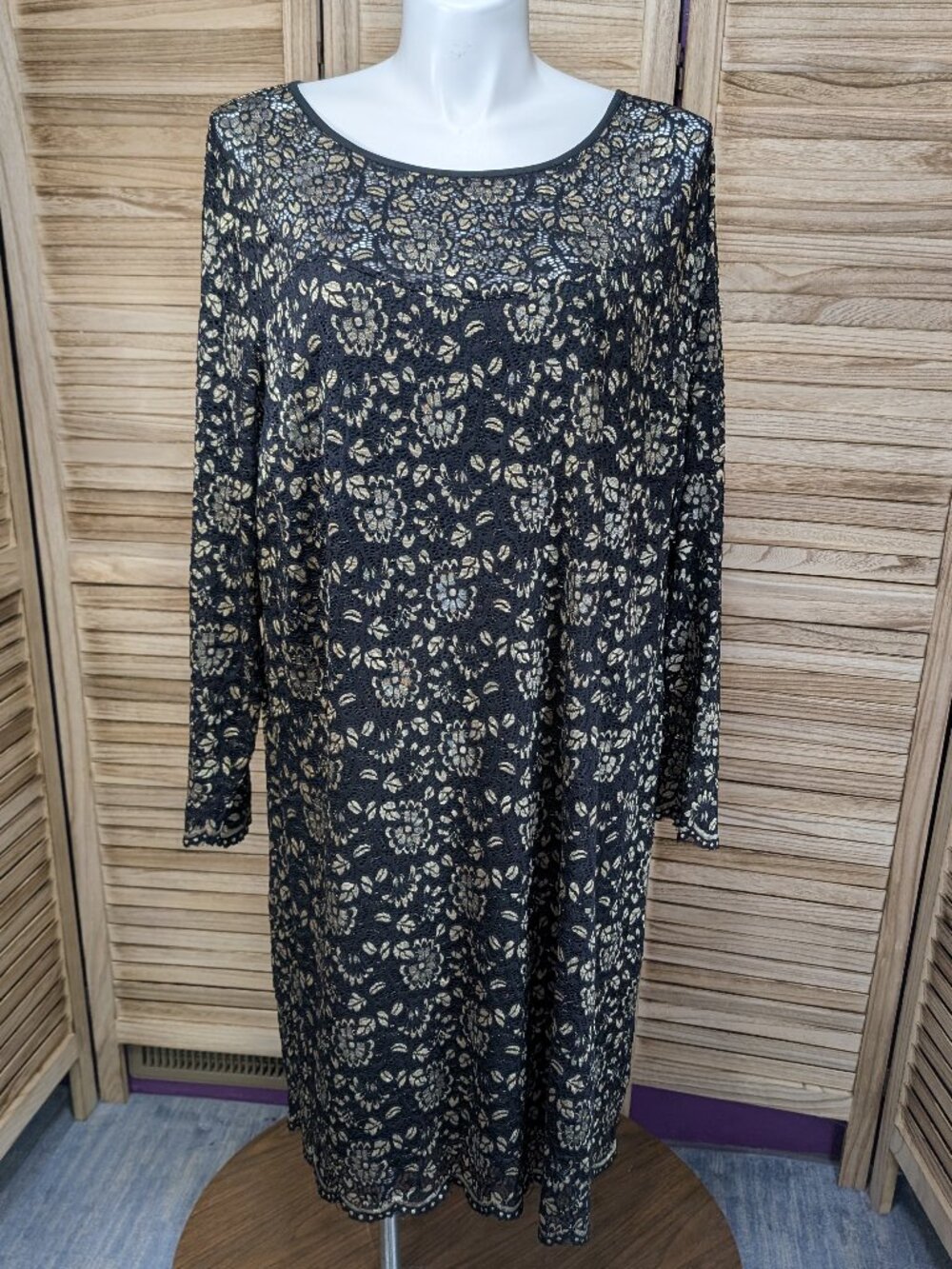 Jessica London Black Dress with Gold Floral Print - Long Sleeve